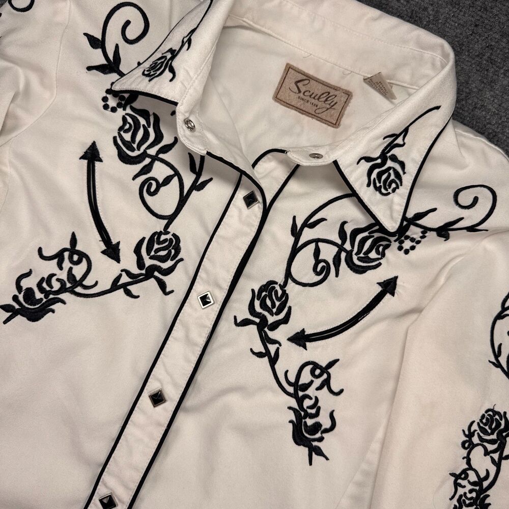 Scully White Western Floral Rose Embroidered Snap Shirt PPL-671 Medium Cowgirl